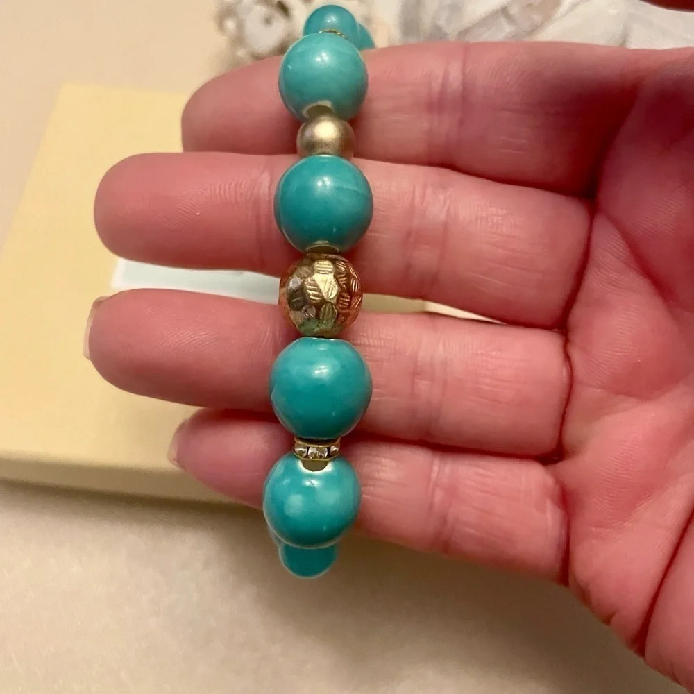 Blue Stretch Quartz Bracelet 14mm and 8mm quartz beads, gold details, turquoise